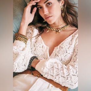 Sézane Cream Crochet-Knit V-Neck Sweater